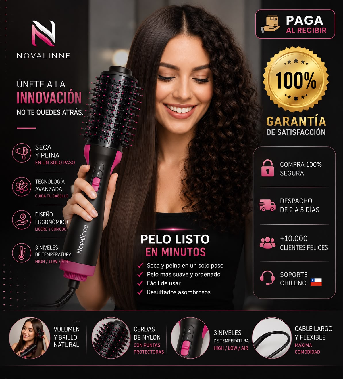 Cepillo Alisador Anti-frizz  Multifuncional ( Alisa-rizador-secado efecto keratina)